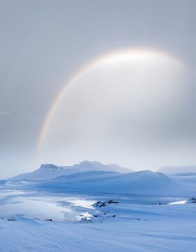 A rare white fogbow over the desolate snowy landscape of Antarctica.
