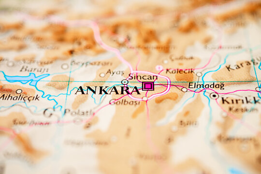 Detailed atlas closeup of Ankara and surrounding transport routes in Turkey.