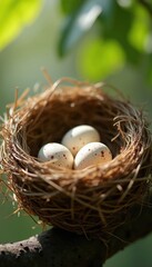 Obraz premium Three speckled eggs sit in a woven nest on a tree branch. The nest is made of natural twigs and straw. Delicate eggs show red brown spots. Soft green leaves provide blurred background.