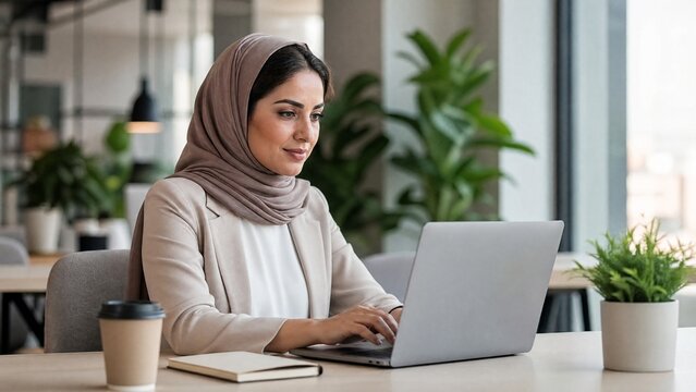 Young Arab woman working on laptop in modern office with plants  