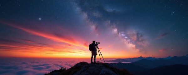 Fototapeta premium Photographer with tripod on mountaintop at dusk photographs starry sky and colorful clouds. Captures Milky Way above mountains and sea of clouds.
