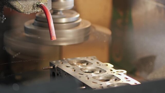 Handheld video shows CNC surface grinding of cylinder head face with rotating metal component and cutting tool removing material in precision machining workshop 2026