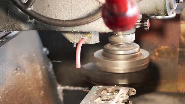 Handheld video shows CNC surface grinding of cylinder head face with rotating metal component and cutting tool removing material in precision machining workshop 2026