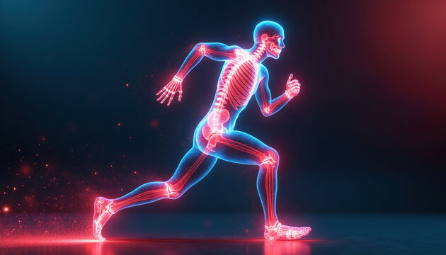 Runner skeleton visible with glowing joints and bones. Digital anatomy shows muscle and bone structure for sports medicine or health research. Futuristic human body scan.
