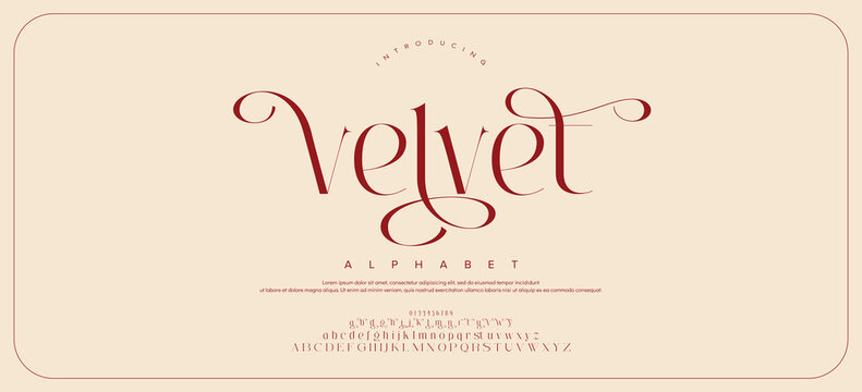 Velvet Luxury wedding alphabet letters font and number. Typography elegant classic lettering serif fonts decorative vintage retro with tails concept. vector illustration