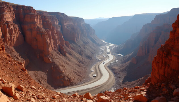 Curvy road winds through a vast desert canyon with towering red rock formations. Cars travel on highway past dry riverbed under clear blue sky. Remote travel and majestic landscape.