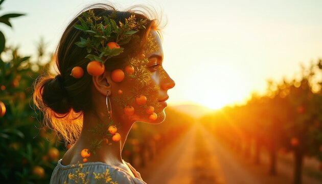 Woman profile superimposed on orange orchard at sunset. Citrus fruits and leaves blend with her face and hair, creating a serene, nature-infused portrait. Warm sunlight illuminates the scene.