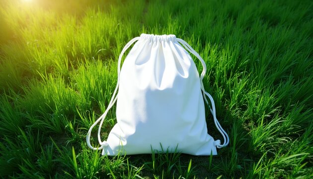 White drawstring bag rests on vibrant green grass under bright sunlight. This blank accessory is perfect for outdoor adventures, sports, or travel. Ideal for branding, logos, or personalization.