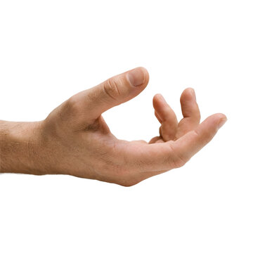 Close up of male hand reaching out or holding invisible object isolated on png background