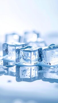Close Up Of Clear Ice Cubes Melting On A Reflective Surface With Water Droplets