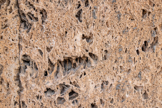 Pock marked and eroded stone wall.