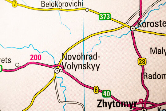 Detailed atlas map highlighting Novohrad Volynskyy and Zhytomyr corridor Ukraine.