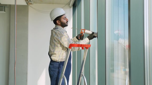 Construction worker applying silicone sealant to window frame