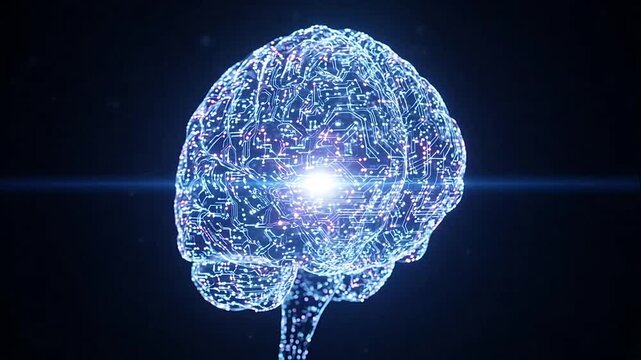 Glowing digital brain with neural network connections.