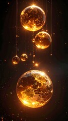 Abstract Golden Spheres With Sparkling Lights And Stars Dark Background