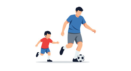 Fototapeta premium Man and boy playing soccer together on field