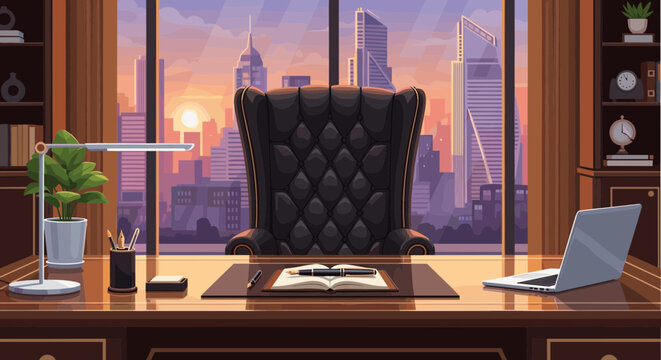Modern office desk with city view at sunset