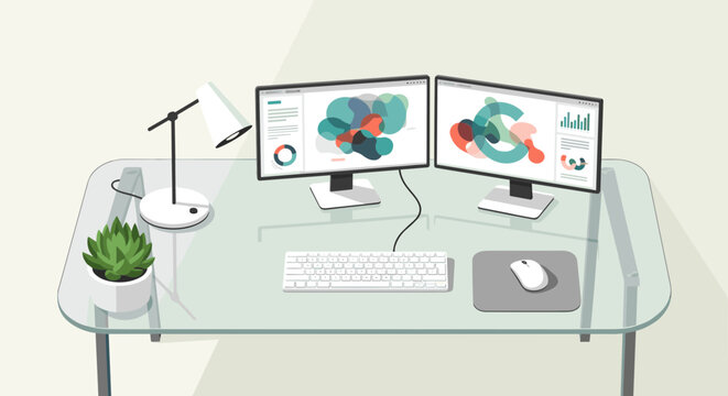 Modern office workspace with computer and accessories on glass desk