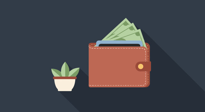 Brown leather wallet with money and small potted plant