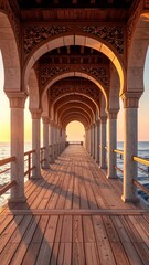 Fototapeta premium Architectural walkway with arched openings and ornate details overlooking the ocean at sunset