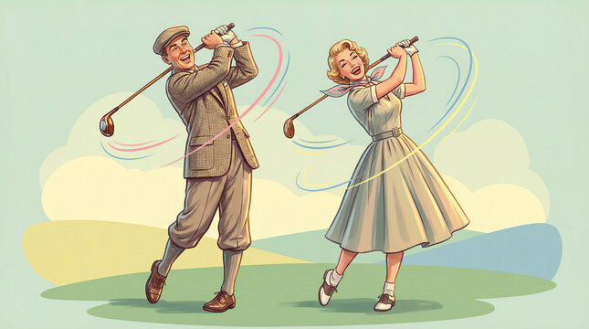 Retro Illustration of a Happy Couple Playing Golf Together