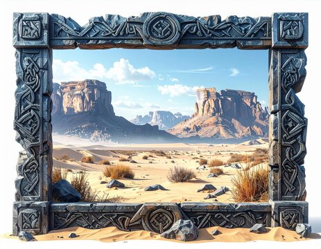 Ornate Stone Frame Overlooking Arid Desert Landscape with Mesas and Blue Sky