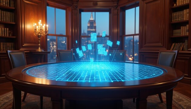 Futuristic game table displays glowing blue digital interface. Holographic cards hover above, set in elegant room with city view at night. Technology meets luxury indoors.