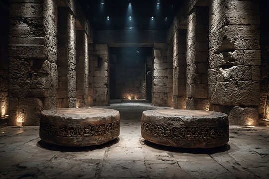 Old orchestral kettledrums showcased in dimly lit concert hall wallpapers