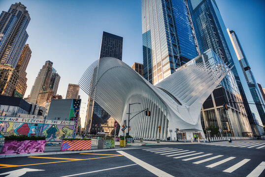 New York City Downtown Skyline with Freedom Tower and Oculus transportation Hub, New York