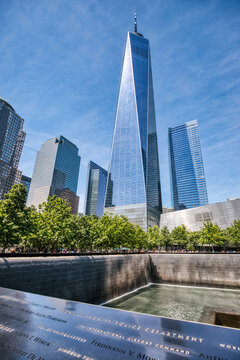 New York City Downtown 9/11 Memorial with Freedom Tower Skyline, New York