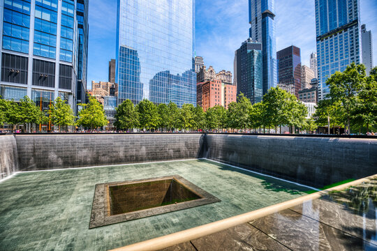 New York City Downtown 9/11 Memorial with Freedom Tower Skyline, New York