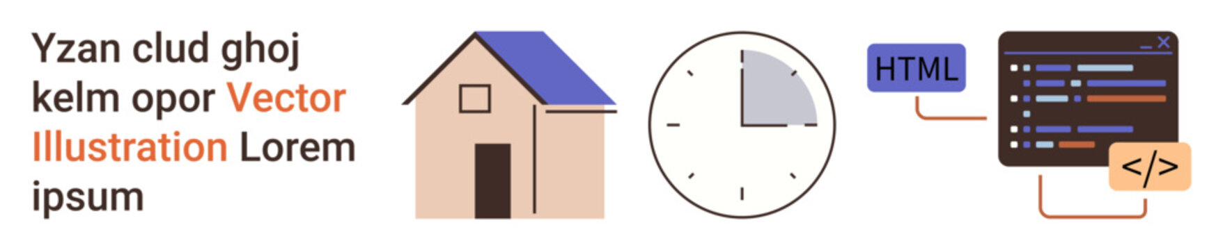 Technology, construction, time management, programming, learning, design. A house, clock and coding lines with HTML tag. Programming and time management concept