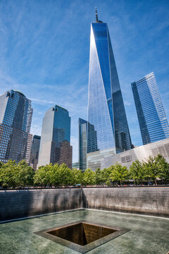 New York City Downtown 9/11 Memorial with Freedom Tower Skyline, New York