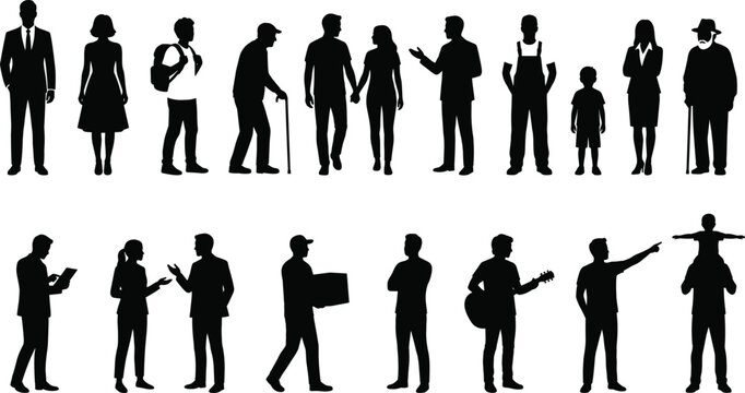 Large collection of diverse people silhouettes including business professionals elderly citizens children and workers isolated on white background for design