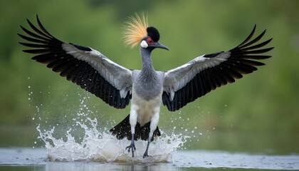Obraz premium Grey crowned crane takes flight from water splashing. Bird spreads wide wings in motion. Ornithology subject with distinctive crest in natural habitat. Wildlife fauna action scene.