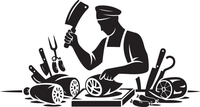 Butcher at work a black and white illustration of meat preparation. silhouette vector illustration
