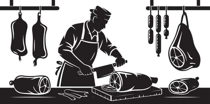 Butcher at work a black and white illustration of meat preparation. silhouette vector illustration