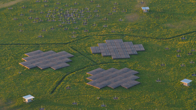 Aerial view of the LOFAR superterp radio telescope array with its geometric antenna stations spread across green fields during golden hour in Buinen, Drenthe, Netherlands.