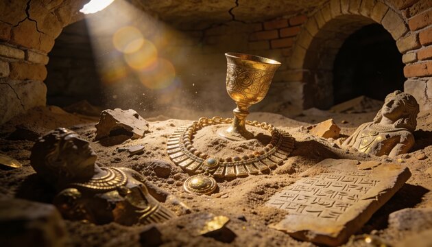 Golden chalice with antique necklace and stone tablet inside ancient buried tomb. Archaeological excavation of treasure in lost city. Discovery of historical artifacts and relic.