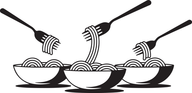 Minimalist illustration of pasta being lifted from bowls with forks. silhouette vector illustration