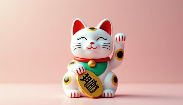 White Maneki Neko cat figurine sits with raised paw holding gold coin. Traditional Japanese symbol of good luck and fortune beckons wealth. Cute beckoning cat statue decorates business.