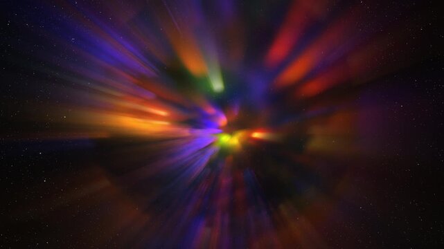 Abstract multicolor glow sphere with rays, science background. Bizzard planet structure in space, 4k