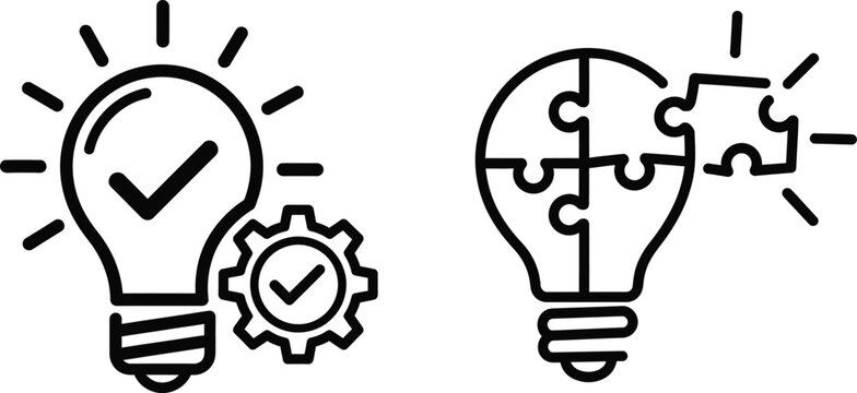 Idea generation and problem solving lightbulb icons with check and puzzle