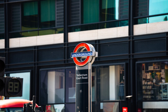Central London Underground Signage, Tottenham Court Road Tube Station Roundel Logo, Oxford Street, England, UK - May 2026