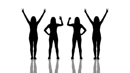 Fototapeta premium Four joyful women silhouettes standing with raised arms in a powerful victory pose isolated on a clean white background for empowering success and teamwork concepts