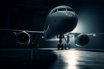 Fototapeta premium Modern passenger airplane inside a dark hangar with dramatic spotlight illumination. Aviation industry concept, aircraft maintenance, and private jet travel at night