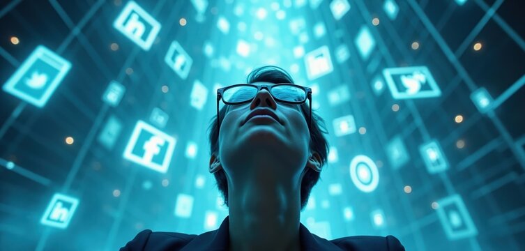 Person wears glasses, looks up at glowing digital icons of social media networks. Concept of online overwhelm, information overload, and digital addiction.