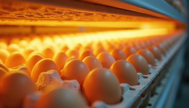 Rows of fresh eggs incubate under warm artificial light in a modern hatching machine. This commercial operation uses tech for poultry farming. New life begins.