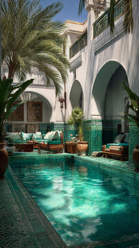Luxurious Moroccan Riad Courtyard with Emerald Green Pool and Traditional Zellige Tiles