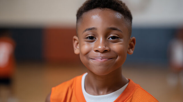 Close-up portrait of a cheerful young African American boy in an orange jersey, smiling genuinely at the camera with a joyful expression